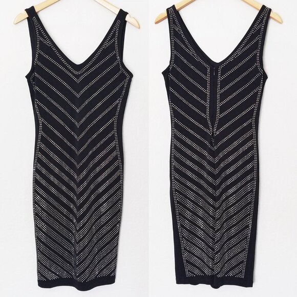 Carmen Marc Valvo Black Sparkly Rhinestone Stud Bodycon Dress S $118 Stretchy - Picture 11 of 13